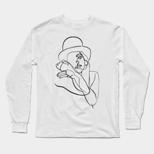 Fashion woman in hat one line art Long Sleeve T-Shirt